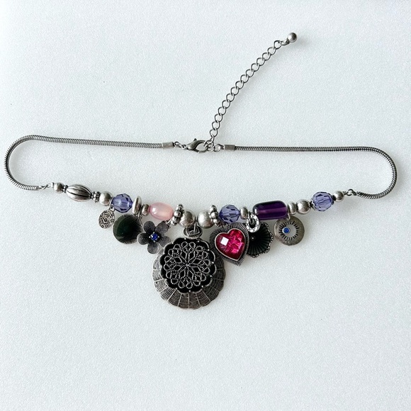 Tribal Sterling Silver Bib Necklace Purple Blue Pink Red Charms Snake Link 12” - Picture 11 of 11